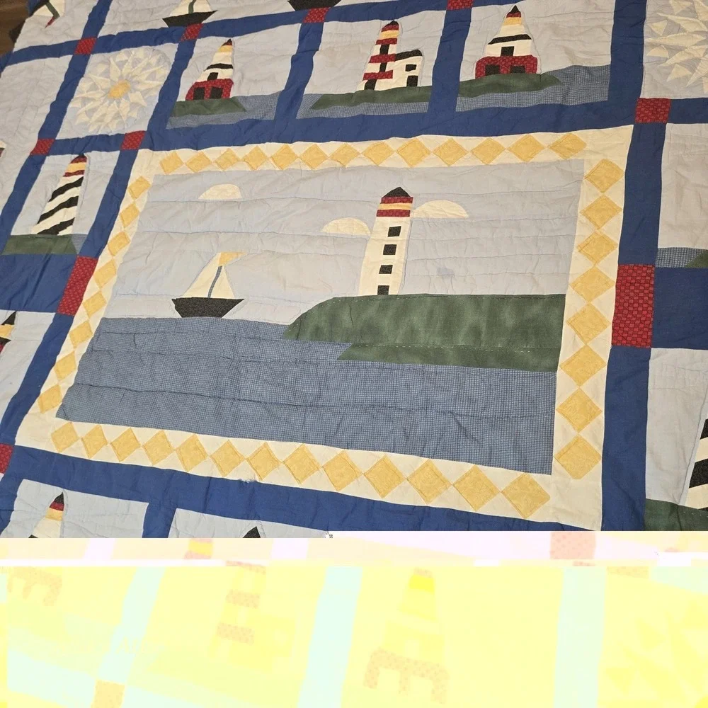 Nautical Blanket Quilt Lighthouse Beach Boat Blue Red Black Queen Size Duvet